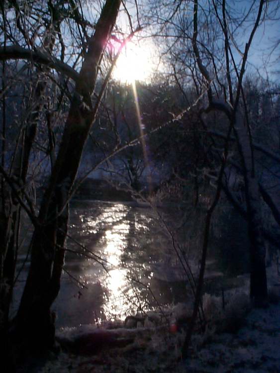 Winterfluß mit Sonnenspiegelung (Bitte hier klicken um dieses Bild in seiner vollen Größe zu betrachten)